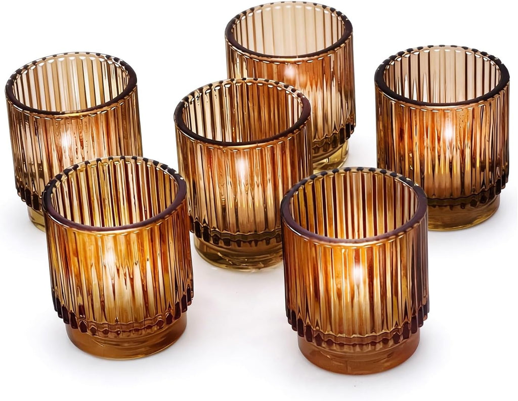 Amber Ribbed Glass Votive Holder Set