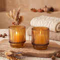 Amber Ribbed Glass Votive Holder Set