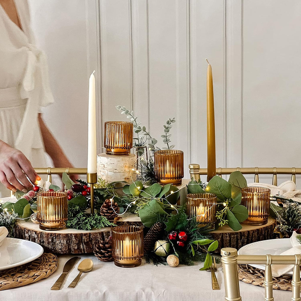 Amber Ribbed Glass Votive Holder Set