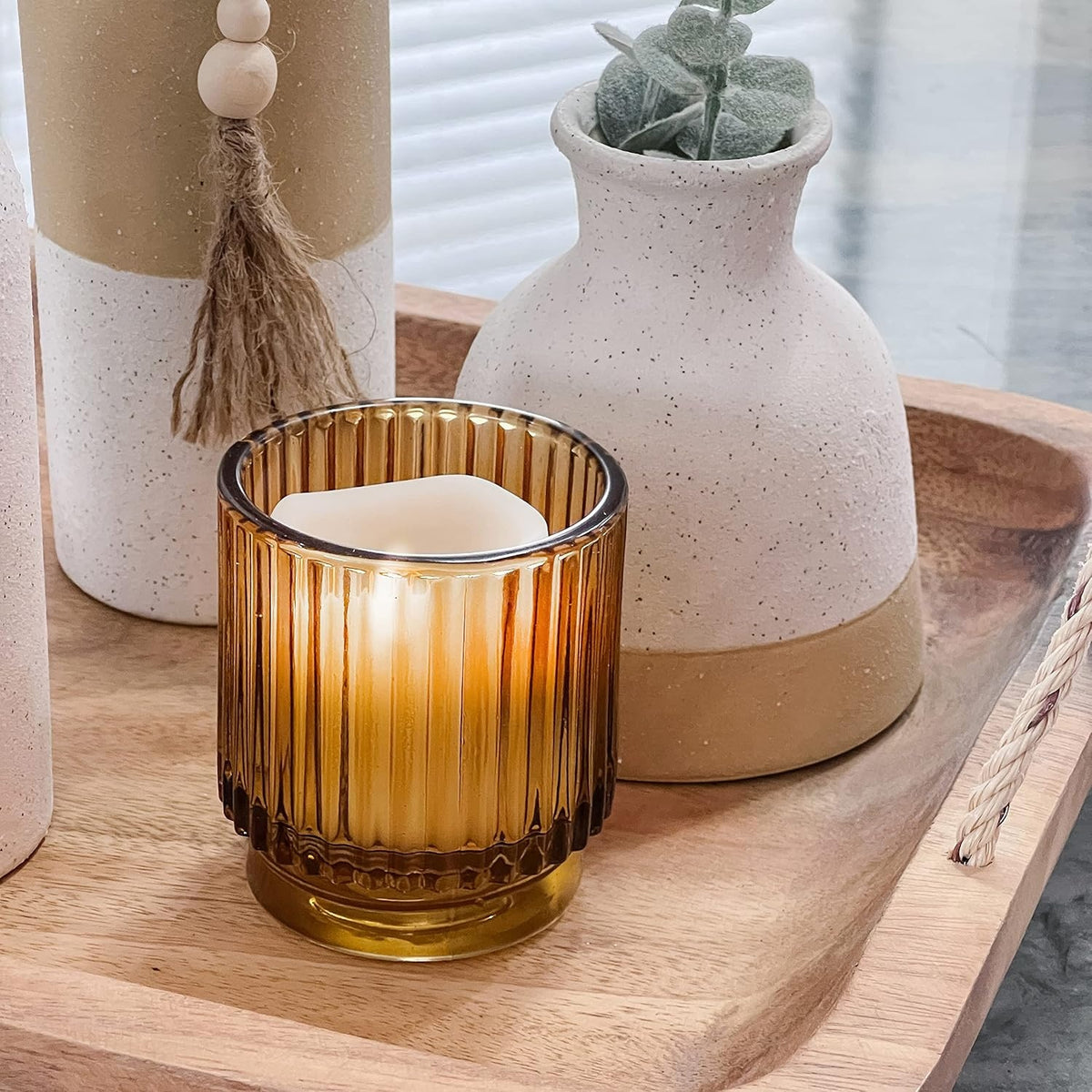 Amber Ribbed Glass Votive Holder Set