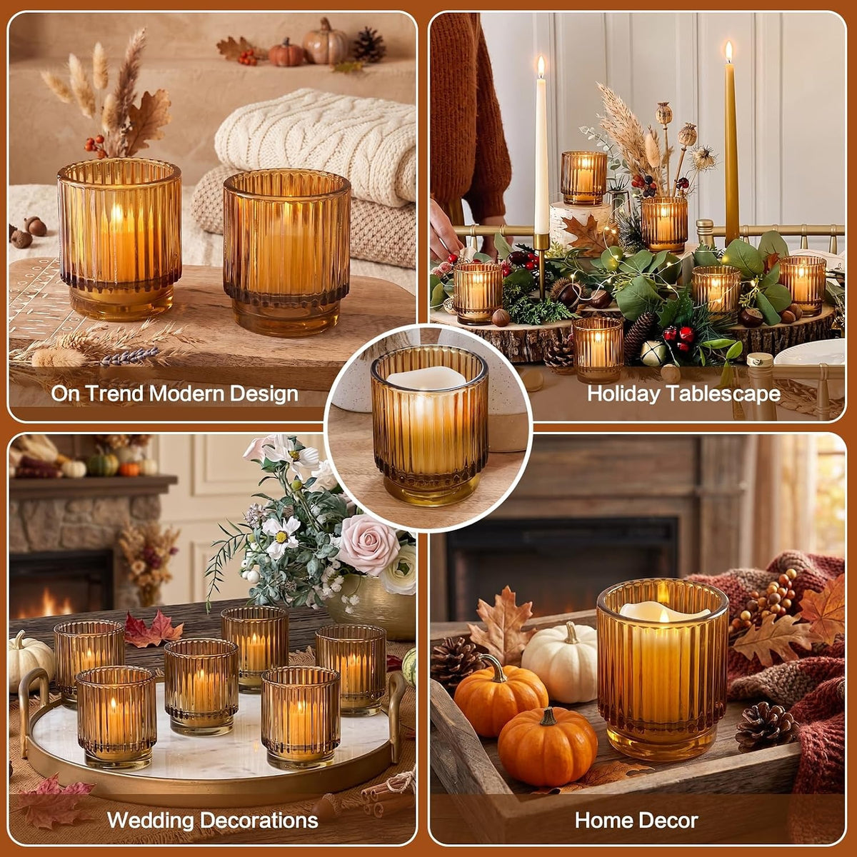 Amber Ribbed Glass Votive Holder Set